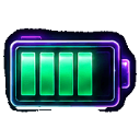 Battery icon with three glowing green bars and a purple neon outline against a black background.
