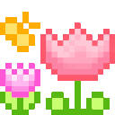 Pink tulips and yellow butterflies rendered in a simple pixel art style.
