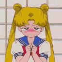 Usagi Tsukino with a deep blush and a shy, mortified expression, holding her hands together.