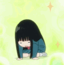 Sawako Kuronuma from Kimi ni Todoke performing a sudden, energetic dance move against a light green background.