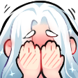 An anime character with white hair blushing while covering their face with both hands.