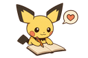 Pichu writing in a notebook with a small heart icon floating above its head.