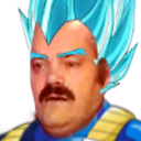 Vegeta with Super Saiyan Blue hair and armor laughing with the face of El Risitas.