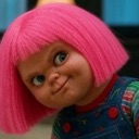 Stephanie from LazyTown with pink hair and the sinister, doll-like facial features of Chucky.
