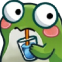 A green frog with wide eyes sipping a blue drink through a straw.