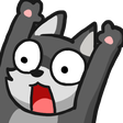 A cartoon wolf with wide, panicked eyes and an open mouth, raising both paws in shock.