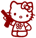 Hello Kitty holding a firearm in a dark red line-art style.