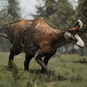A brown and white prehistoric creature walking through a misty green forest.