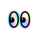 A pair of cartoonish, iridescent glass eyes looking sideways with a suspicious expression.