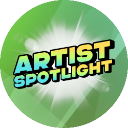 Artist Spotlight text inside a green circular badge with a white starburst background.