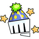 A white fist wearing a blue and yellow polka-dot party hat with a green pom-pom, surrounded by four yellow stars.