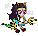A gray-skinned troll with horns and pink glasses looking annoyed while riding a golden trident.