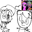 Two crudely drawn characters with wide, chaotic expressions in a rough black and white sketch style.