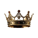 A detailed 3D golden crown with red jewels.