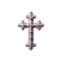A pixel art cross rendered in shades of light pink and white against a black background.