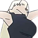 A stylized character with white hair and a black top stretching their arms while looking completely bored.