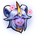 Soraka from League of Legends smiling brightly with pink flowers in her hair.