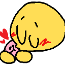 A yellow blob character blushing while giving a small, sweet kiss.
