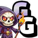 A cute chibi skeleton mage in a purple robe holding a flaming staff next to the letters GG.