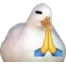 A white duck with closed eyes and folded hands emoji overlay representing a prayer.