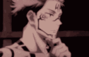 Ryomen Sukuna from Jujutsu Kaisen resting his chin on his hand with a smug, thoughtful expression.