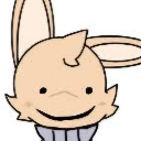 A light brown bunny with long ears and a wide, mischievous grin.