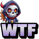 A chibi grim reaper with glowing red eyes and a purple hood stands above the bold purple text WTF.
