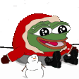 Pepe the Frog wearing a red winter coat sitting in the snow and waving next to a small snowman.