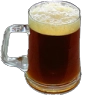 A glass mug filled with dark brown kvas and a foamy head, featuring a bright pink glitch-effect handle.