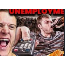 Two men acting rowdy in front of a television with the word UNEMPLOYMENT visible in red text.