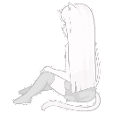 A cat-girl with long hair and a tail sitting in profile, rendered in simple line art.