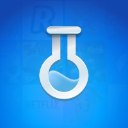 A white laboratory flask icon filled with blue liquid against a blue background.