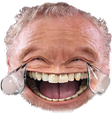 A hyper-realistic human face with a wide, distorted grin and teary eyes laughing manically.