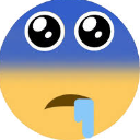 A yellow and blue smiley face with wide, glossy eyes and a blue trail of drool dripping from its mouth.