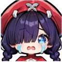 Chibi anime girl with purple hair and a red hat crying large blue tears.