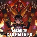 Anime character standing in front of a giant red mecha with flames in the background and the text Absolute Cinamines below.