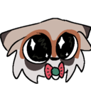 Babyali character with oversized sparkling eyes and a small pink bowtie looking up with an adorable expression.