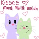 Two pastel cats, one purple and one green, kissing surrounded by small pink hearts with the text Kisses mwah mwah mwah above…