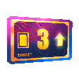 A pixel art purple and gold keycard with the number three and an upward arrow icon.
