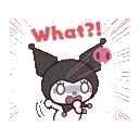 Kuromi with a shocked expression and wide eyes, surrounded by a pink explosion effect with the text What?! above her head.