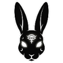 Rabbit head with glowing white eyes and an occult symbol on its forehead in a dark, minimalist style.