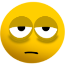 Yellow emoji face with heavy eyelids and a flat mouth looking exhausted.