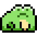 Pixelated green frog with a smug expression on a black background.