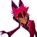 Alastor from Hazbin Hotel with a wide, sinister grin and glowing red eyes.