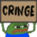 Pepe the Frog holding a brown sign that says Cringe in black text.