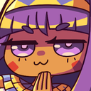 Character with a smug expression and hands pressed together in a knowing gesture.