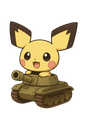 Pichu sitting inside a brown military tank with a happy expression.