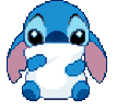 Stitch curls up and falls asleep while hugging a white pillow in a pixel art animation.