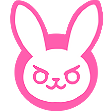 D.Va bunny logo with an angry, mischievous expression in pink and white.