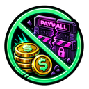 A green circle with a diagonal line crossing out a broken purple paywall barrier and a stack of gold coins.